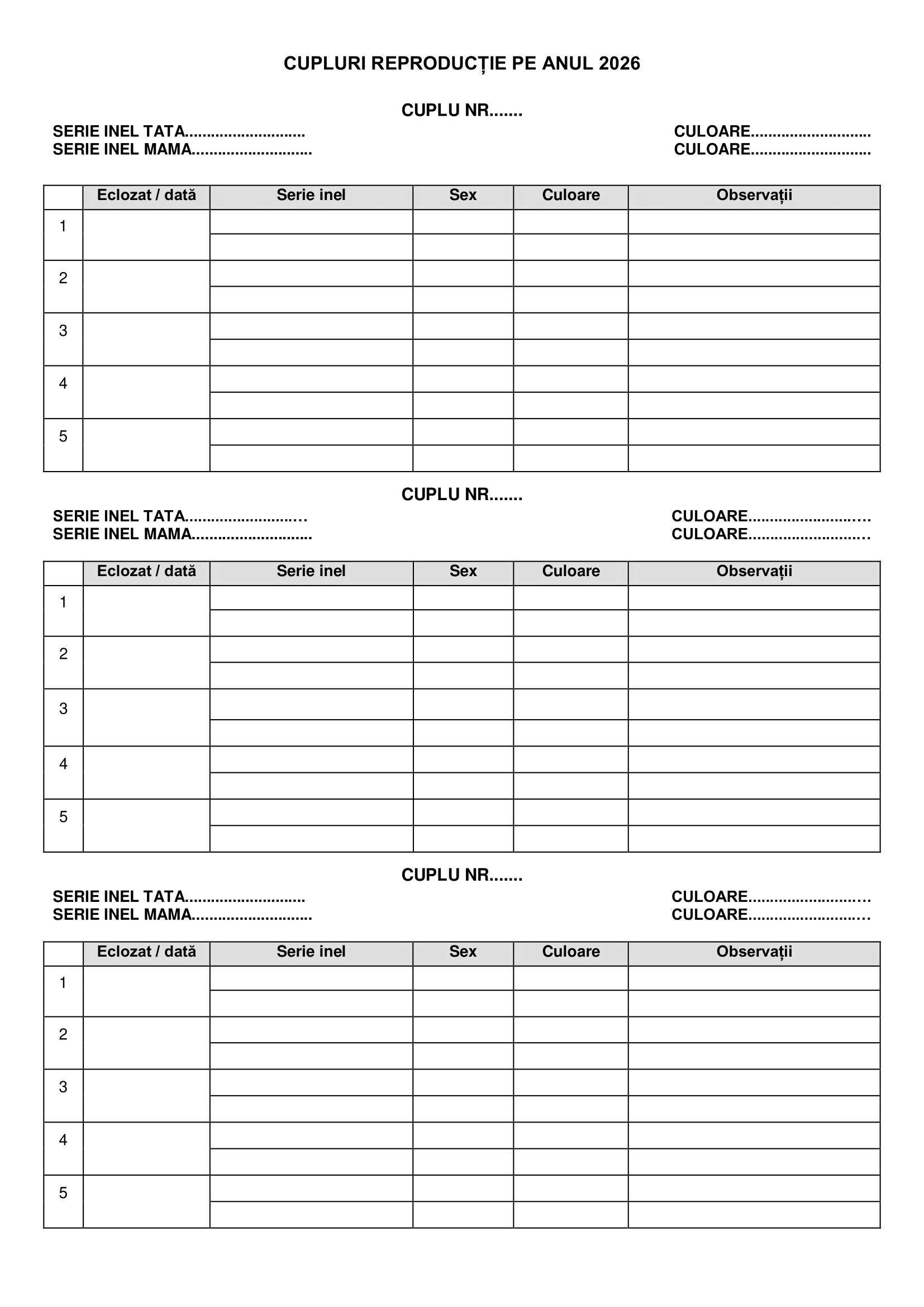 Registru evidență porumbei